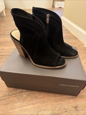 Vince Camuto Black Suede Open-Peek Toe Mule Booties